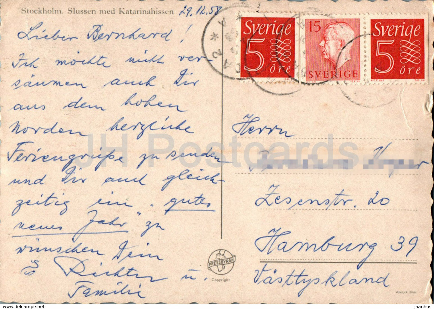 Stockholm - Slussen med Katarinahissen - tram - carte postale ancienne - 1958 - Suède - inutilisé