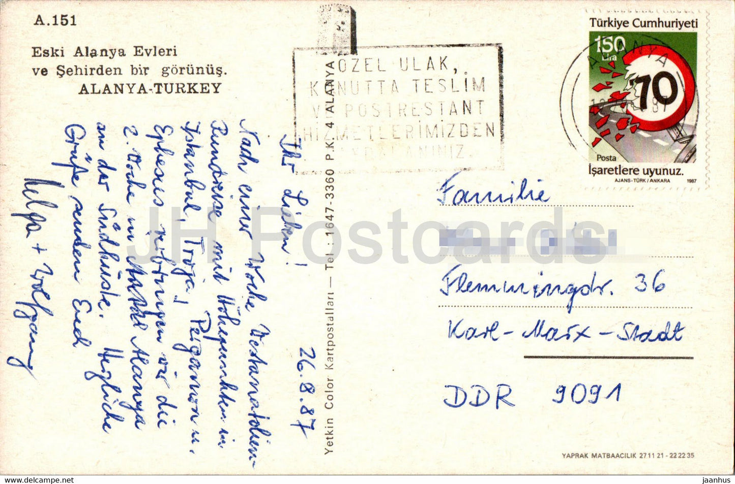 Alanya - Eski Alanya Evleri ve Sehirden bir gorunus - general view - 1987 - Turkey - used