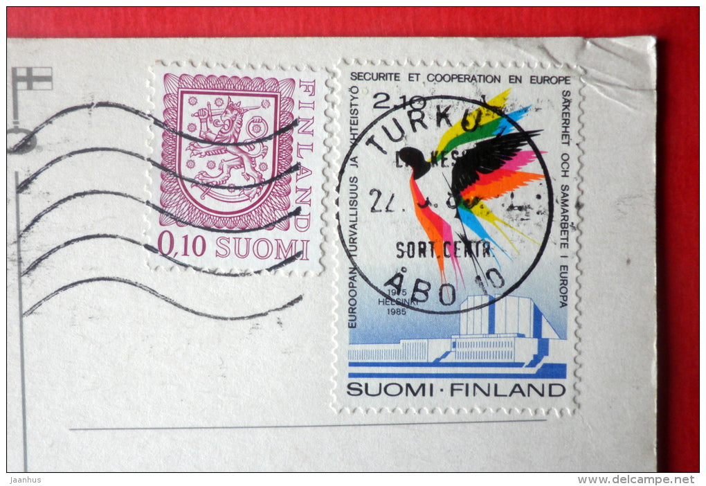 illustration - cat - honey - bee - Finland - sent from Finland Turku to Estonia USSR 1986 - JH Postcards