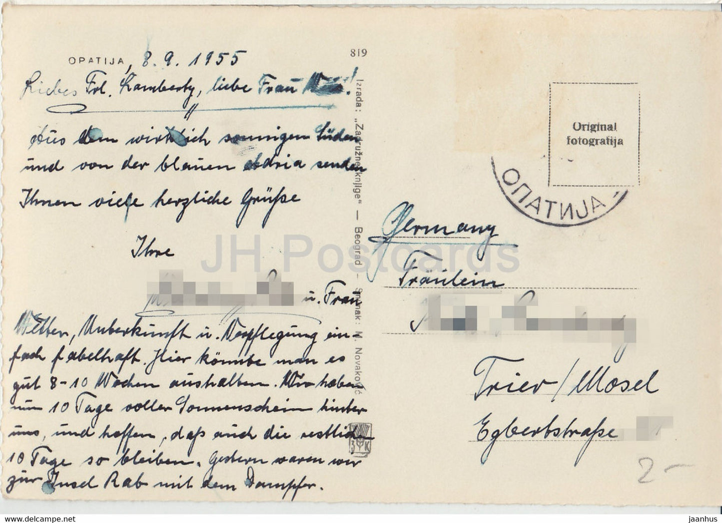 Opatija - vue sur la mer - carte postale ancienne - 1955 - Yougoslavie - Croatie - occasion