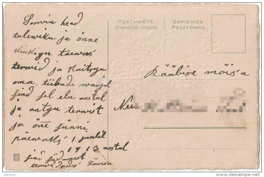 birthday greeting card - flowers - circulated in Imperial Russia Estonia 1913 - JH Postcards