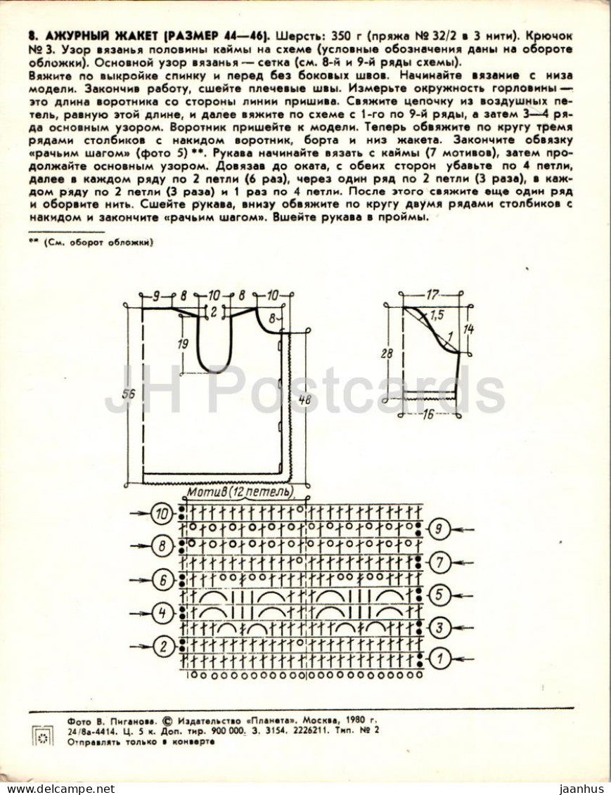 Veste ajourée - femme - mode - Carte postale grand format - 1980 - Russie URSS - inutilisée