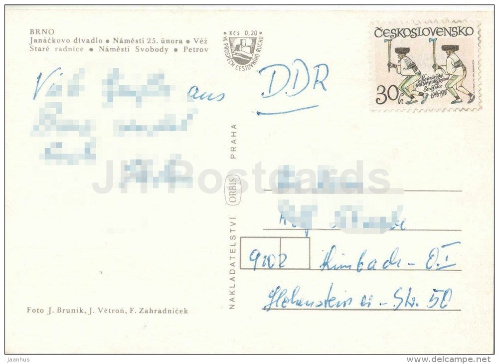 Brno - Janackovo Theatre - 25. February square - Old Town Hall - Petrov - tram - Czechoslovakia - Czech - used 1976 - JH Postcards
