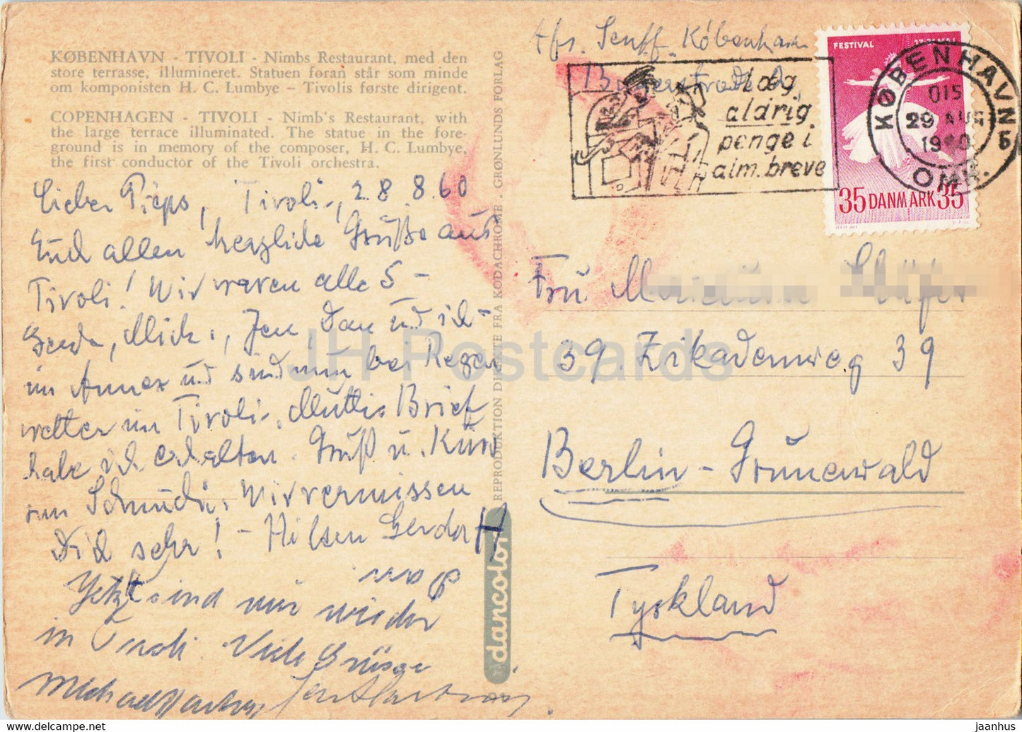 Kopenhagen – Tivoli – Restaurant Nimb – Denkmal für den Komponisten HC Lumbye – 1960 – Dänemark – gebraucht