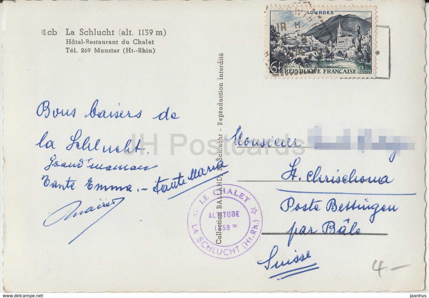 La Schlucht - Hôtel Restaurant du Chalet - carte postale ancienne - 1954 - France - occasion