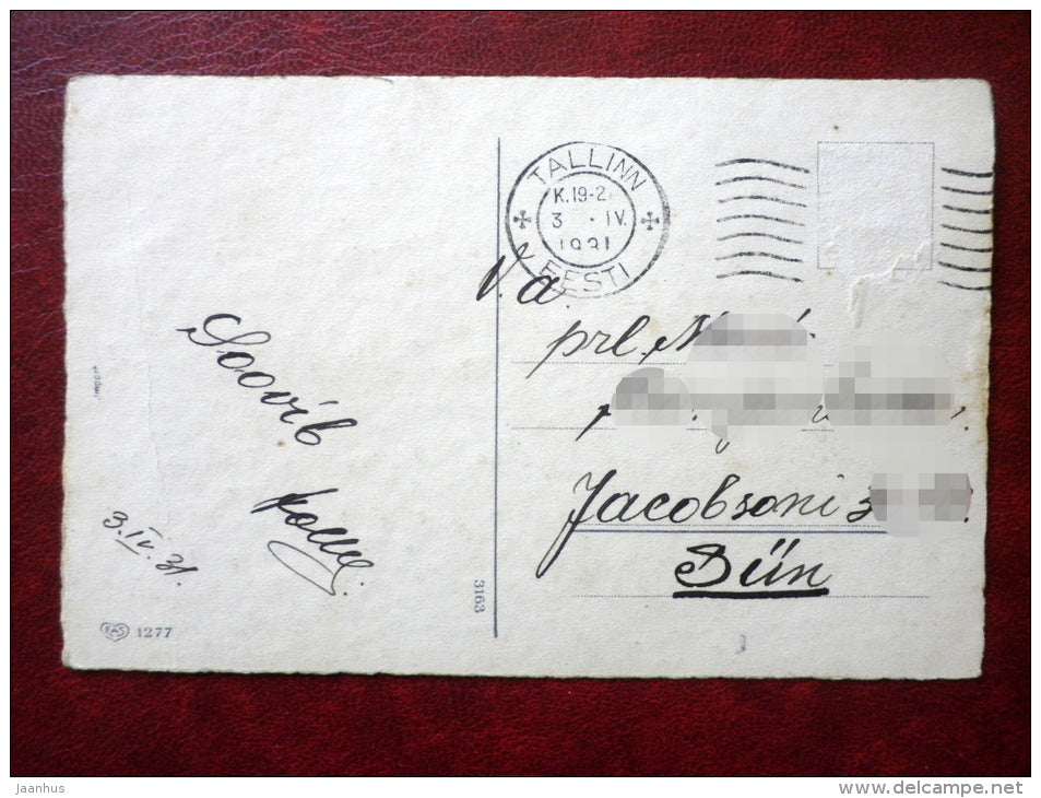 Easter Greeting Card - chicken - eggs - umbrella - EAS 1277 - circulated in 1931 - Estonia - used - JH Postcards