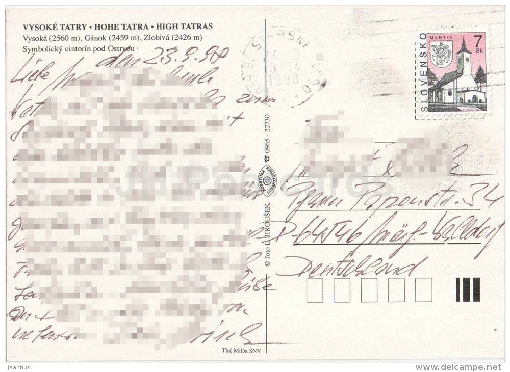 Vysoka mountain - Ganok - Zlobiva - Symbolic Cemetery below Ostrvou High Tatras - Slovakia - used 1998 - JH Postcards