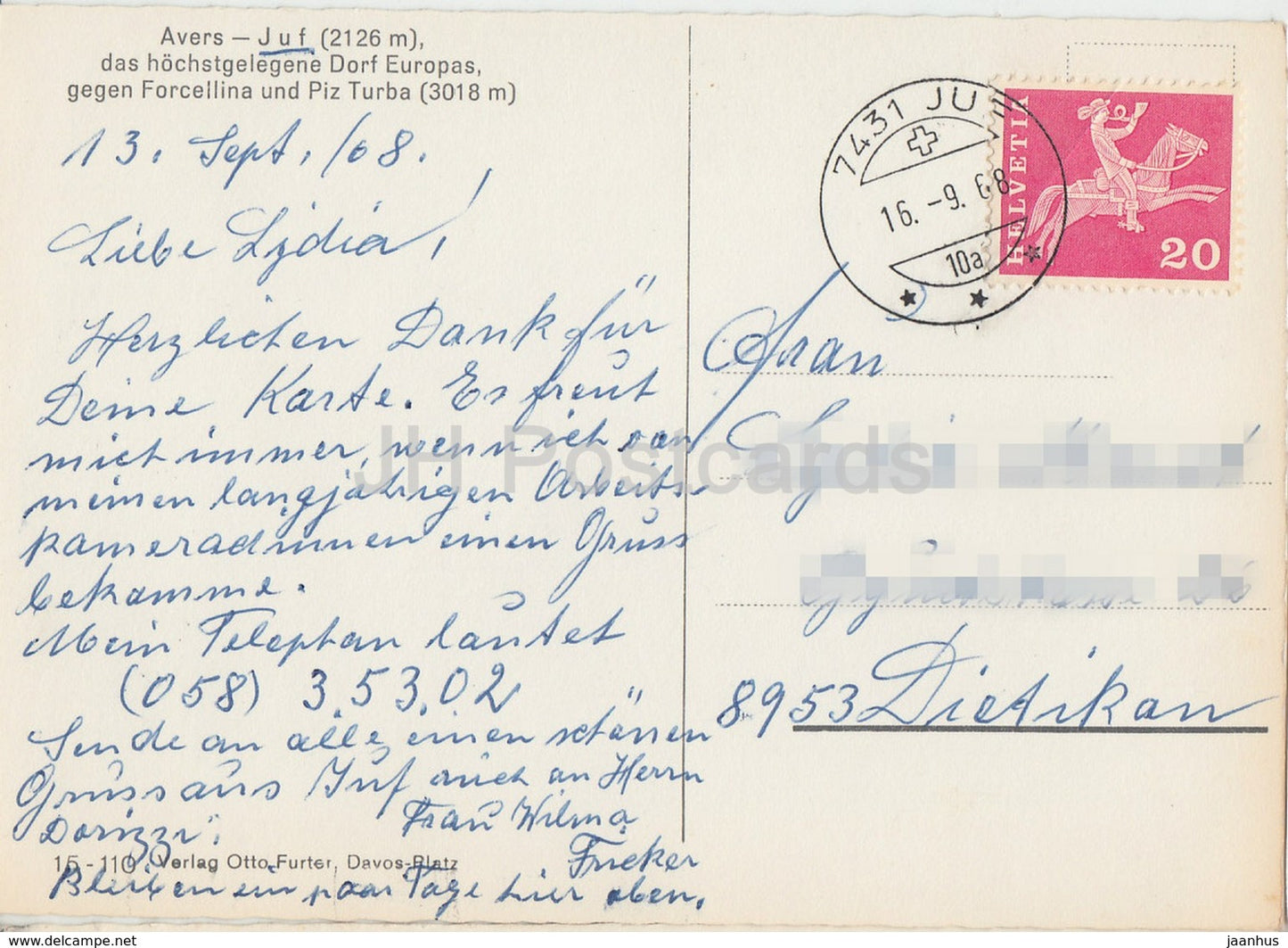 Avers Juf 2126 m gegen Forcellina und Piz Turba 3018 m - 1968 - Switzerland - used