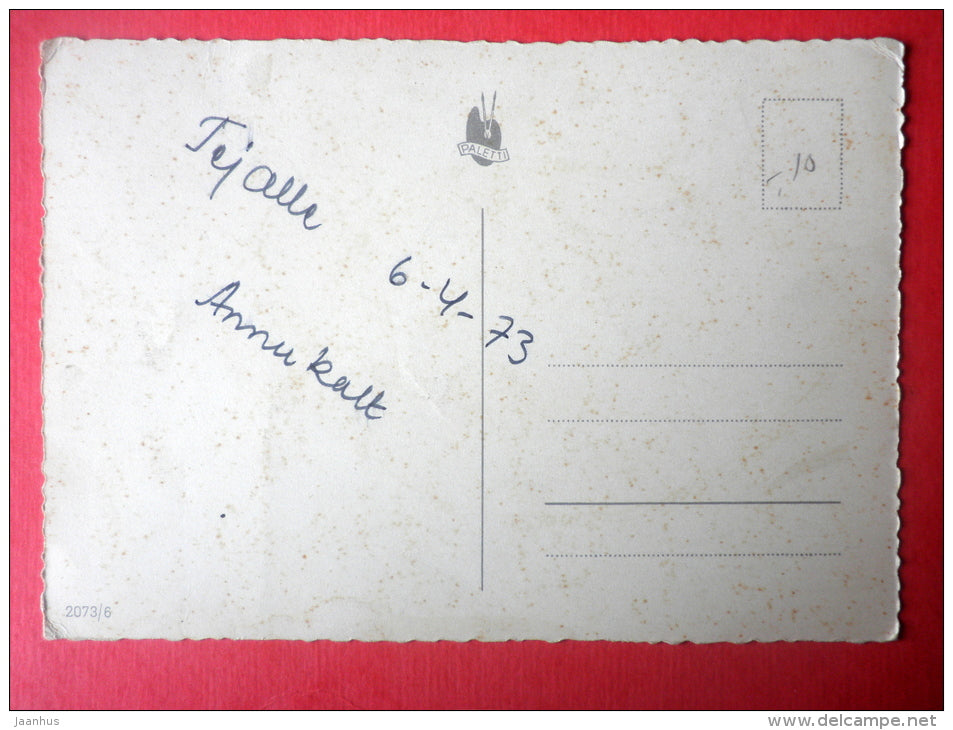 Easter Greeting Card - girl - egg - chick - nestling - 2073/6 - Finland - circulated in Finland 1973 - JH Postcards