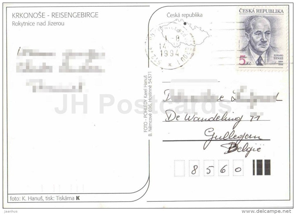Rokytnice nad Jizerou - Krkonose - Reisengebirge - Czech - used 1994 - JH Postcards