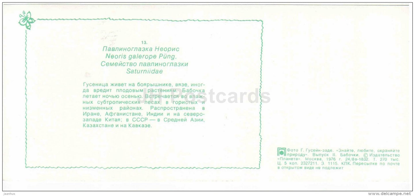 Neoris Galerope - butterfly - 1976 - Russia USSR - unused - JH Postcards