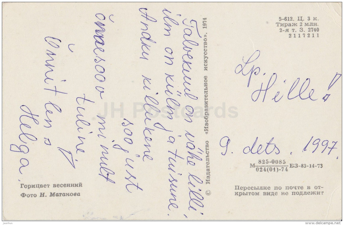 Greeting Card - Adonis - flowers - 1974 - Russia USSR - used - JH Postcards