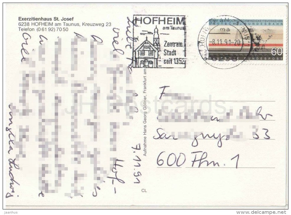 Exerzitienhaus St. Josef - 6238 - Hofheim am Taunus - Germany - 1991 gelaufen - JH Postcards