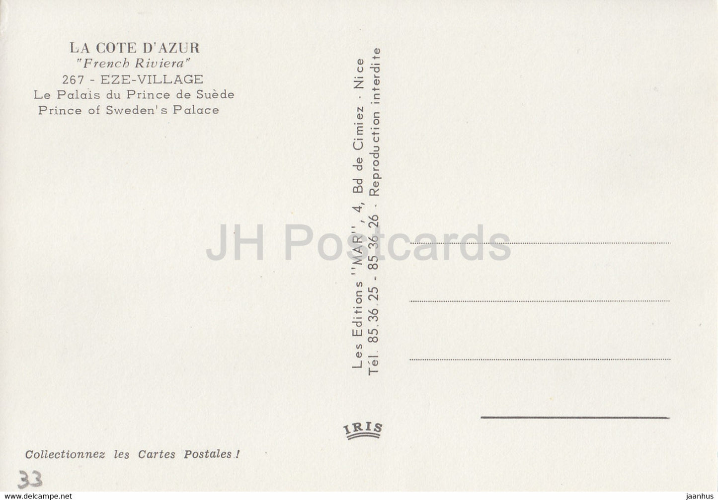 Eze Village - Le Palais du Prince de Suede - Prince of Sweden - 267 - France - unused