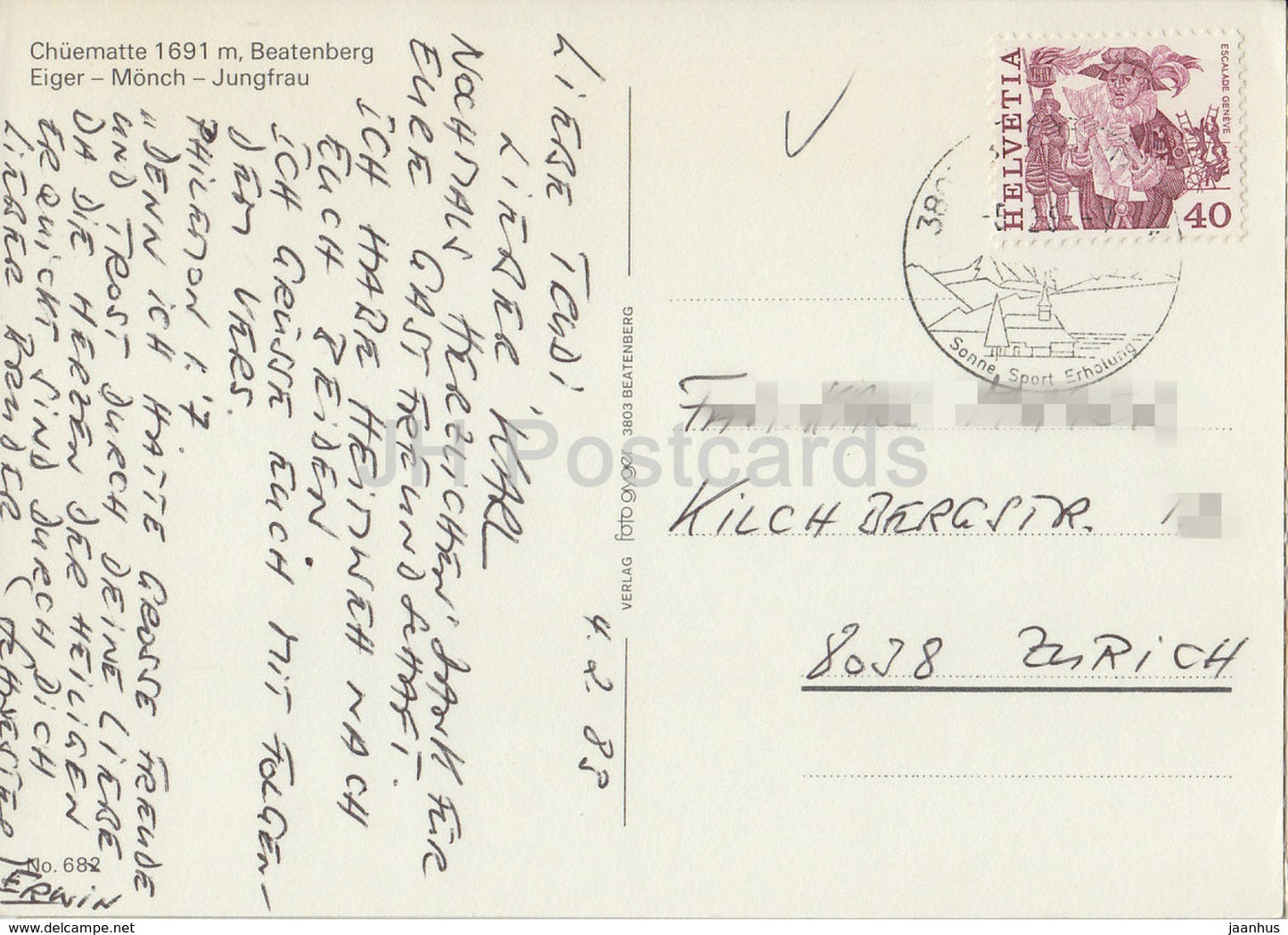 Chuematte 1691 m - Beatenberg - Eiger Monch Jungfrau - 682 - 1983 - Switzerland - used