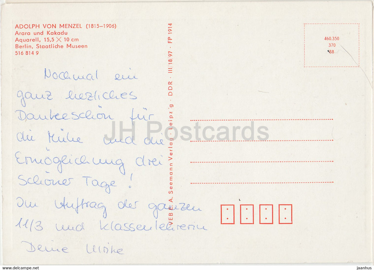 painting by Adolph von Menzel - Arara und Kakadu - Arara and Cockatoo - birds - German art - Germany DDR - used