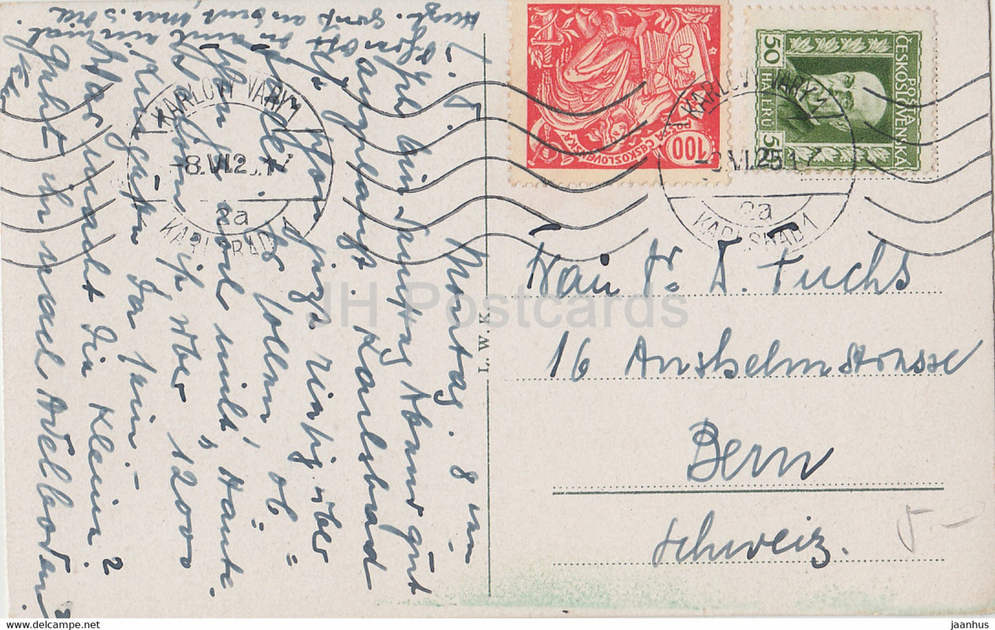 Karlovy Vary - Karlsbad - Muhlbrunnkolonnade wahrend Trinkzeit - Wo bin Ich old postcard - 1925 - Czech Republic - used