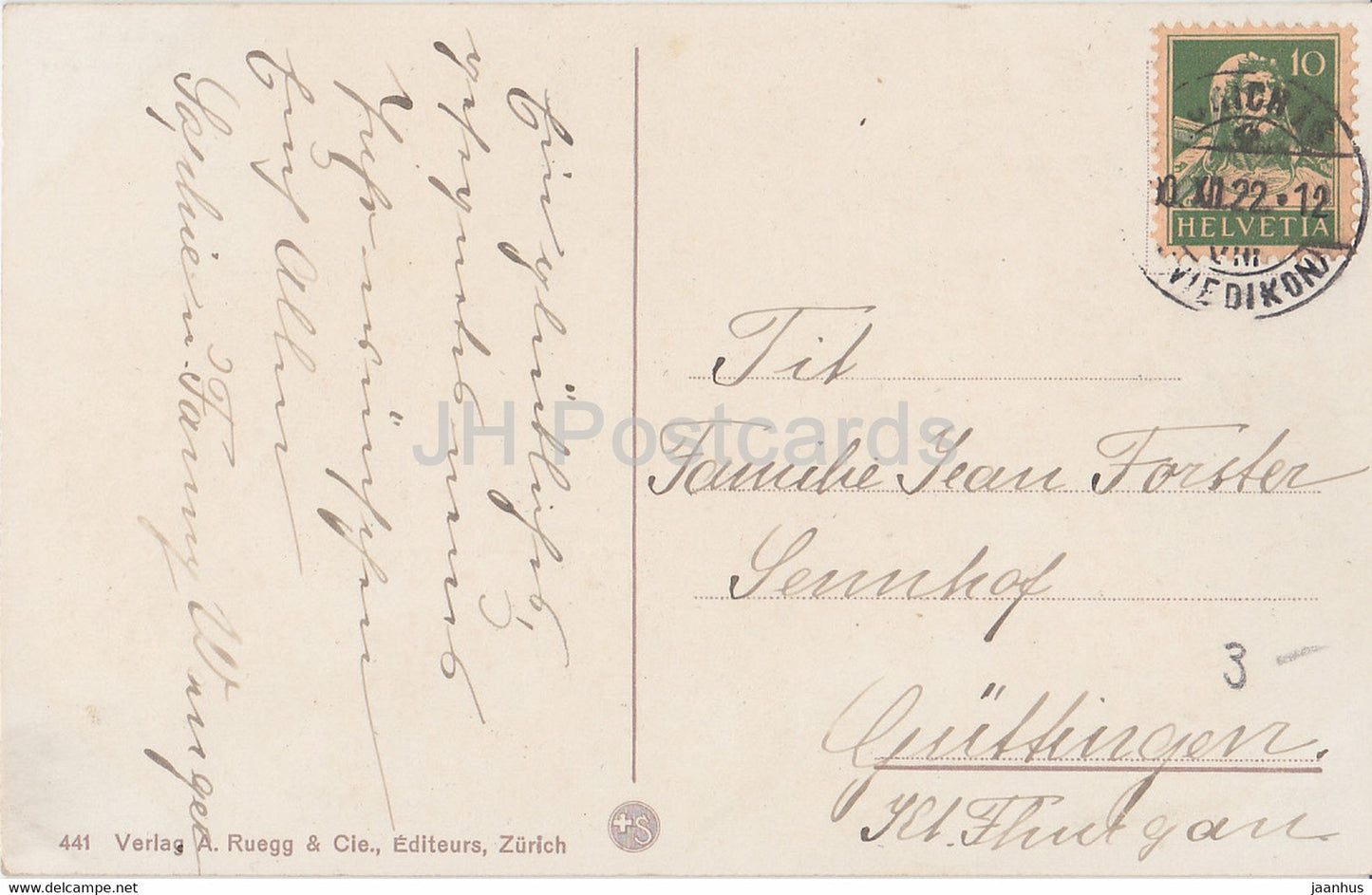 winter view - mountains - A. Ruegg & Cie - 441 - old postcard - Switzerland - 1922 - used