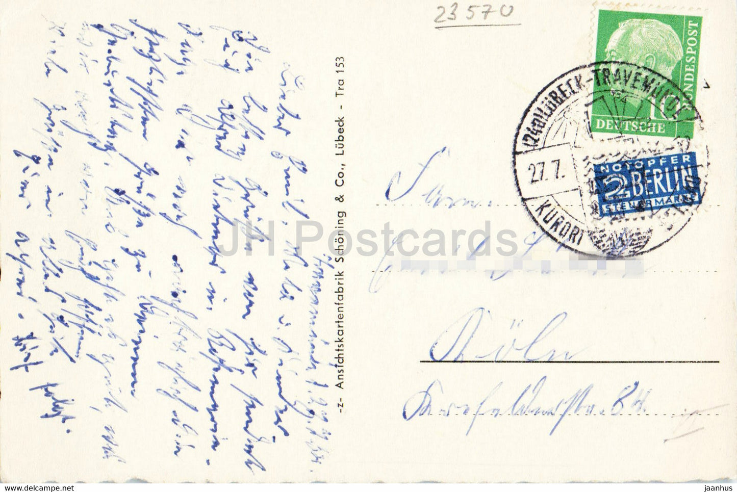 Ostseebad Travemunde - Casino Garten - beach - old postcard - 1954 - Germany - used