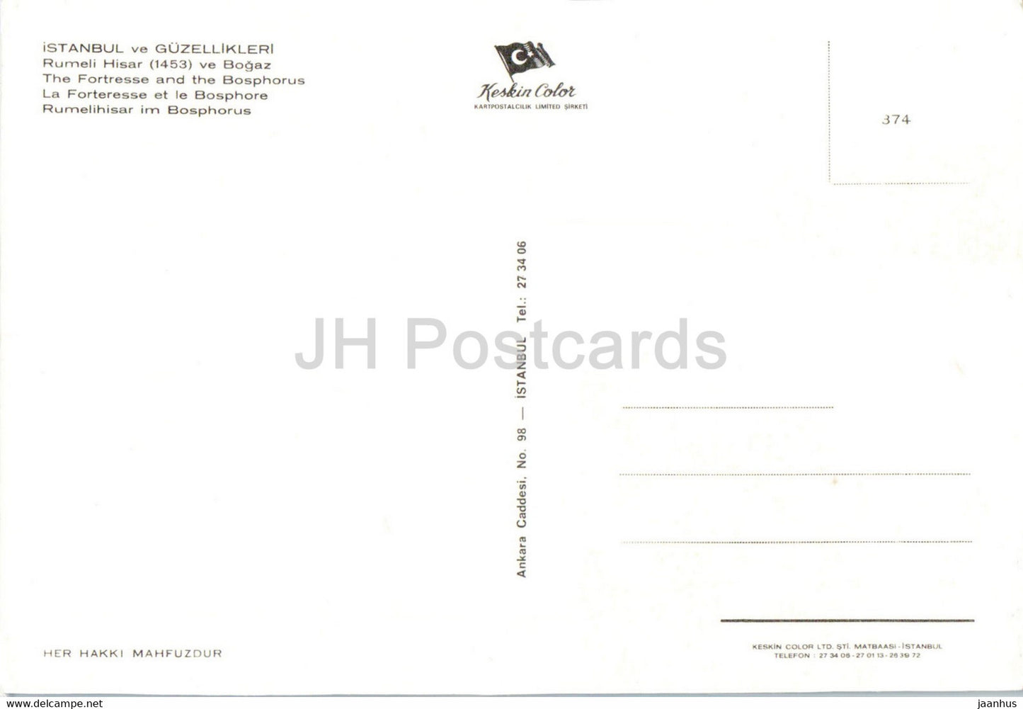 Istanbul - The Fortress and the Bosphorus - 374 - Keskin - Turkey - unused