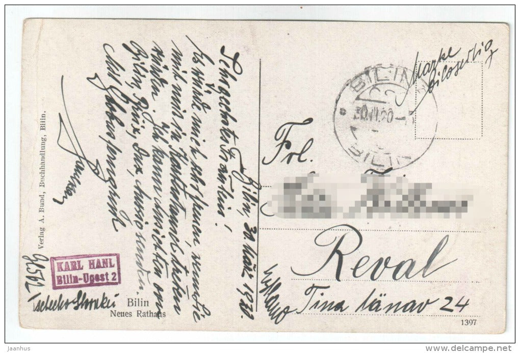 Neues Rathaus - New Town Hall - Bilin - Bilina - Czech Republik - old postcard - sent to Estonia 1920 - used - JH Postcards