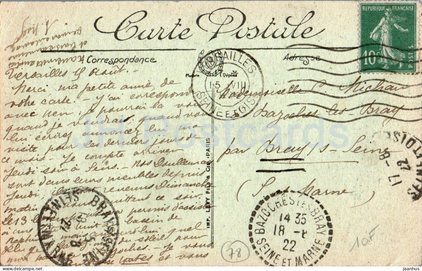 Versailles - La Bibliotheque - La Porte - library - 585 - old postcard - 1922 - France - used