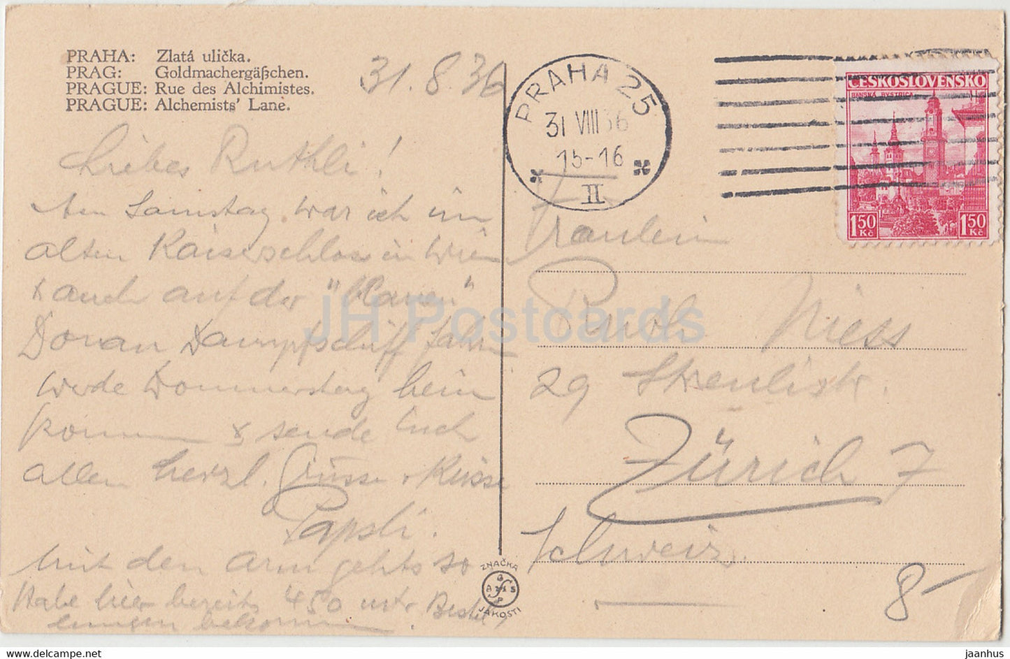 Praha - Prague - Zlata ulicka na Hradcanech - Alchemists Lane - 1936 - Czechoslovakia - Czech Republic - used