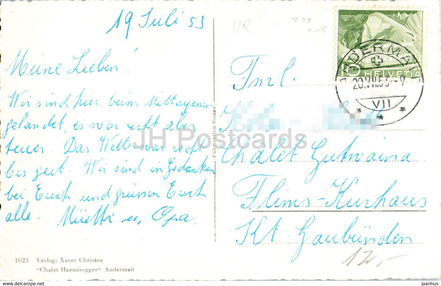 Andermatt mit Furka Oberalp Bahn - Zug - Eisenbahn - 1023 - 1953 - alte Postkarte - Schweiz - gebraucht