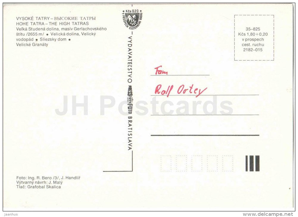 Velka Studena - Velicka valley - waterfall - Vysoke Tatry - High Tatras - Czechoslovakia - Slovakia - used - JH Postcards