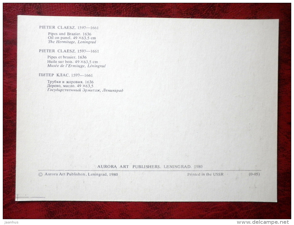 Painting by Pieter Claesz - Still Life - Pipes and Brazier . 1636 - dutch art - unused - JH Postcards