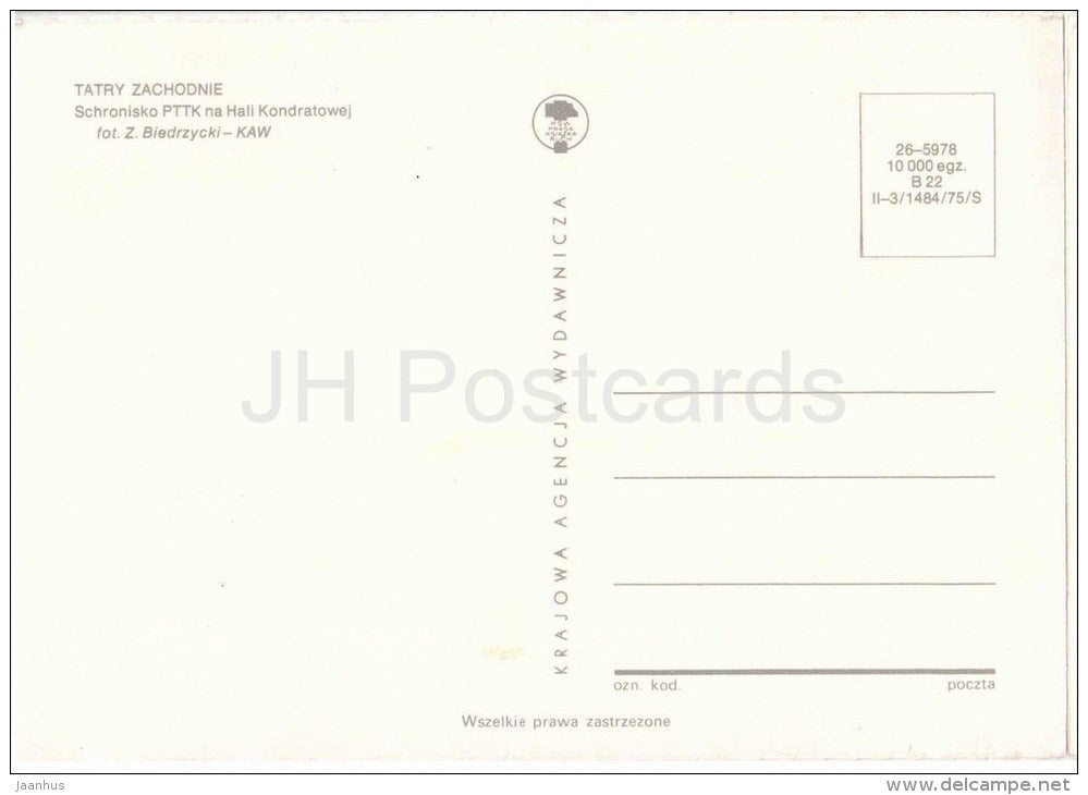 PTTK shelter on Hala Kondratowa - mountains - Western Tatras - Tatry Zachodnie - 26-5978 - Poland - unused - JH Postcards