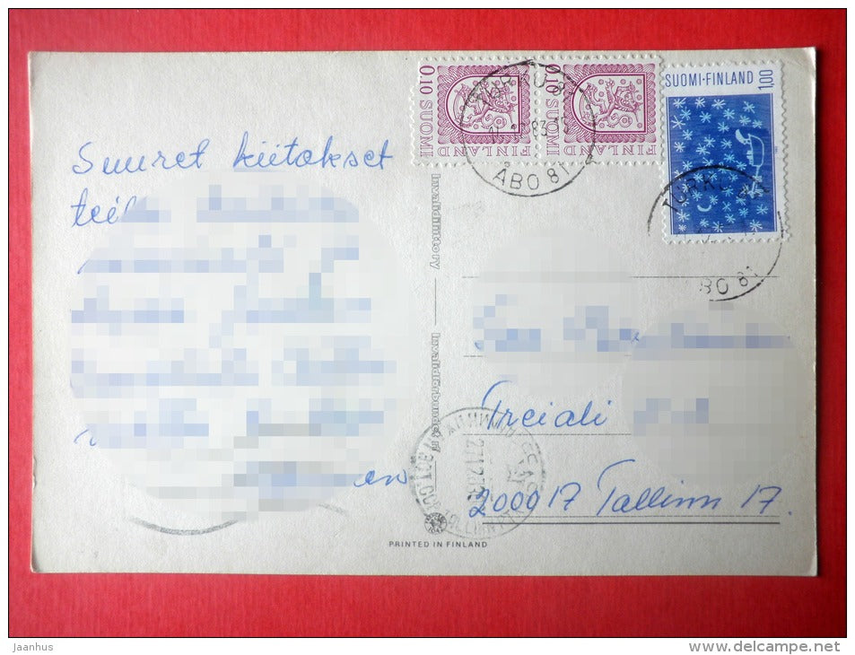 Christmas Greeting Card - girl with puppet - bullfinch - tit - Finland - sent from Finland Turku to Estonia USSR 1983 - JH Postcards