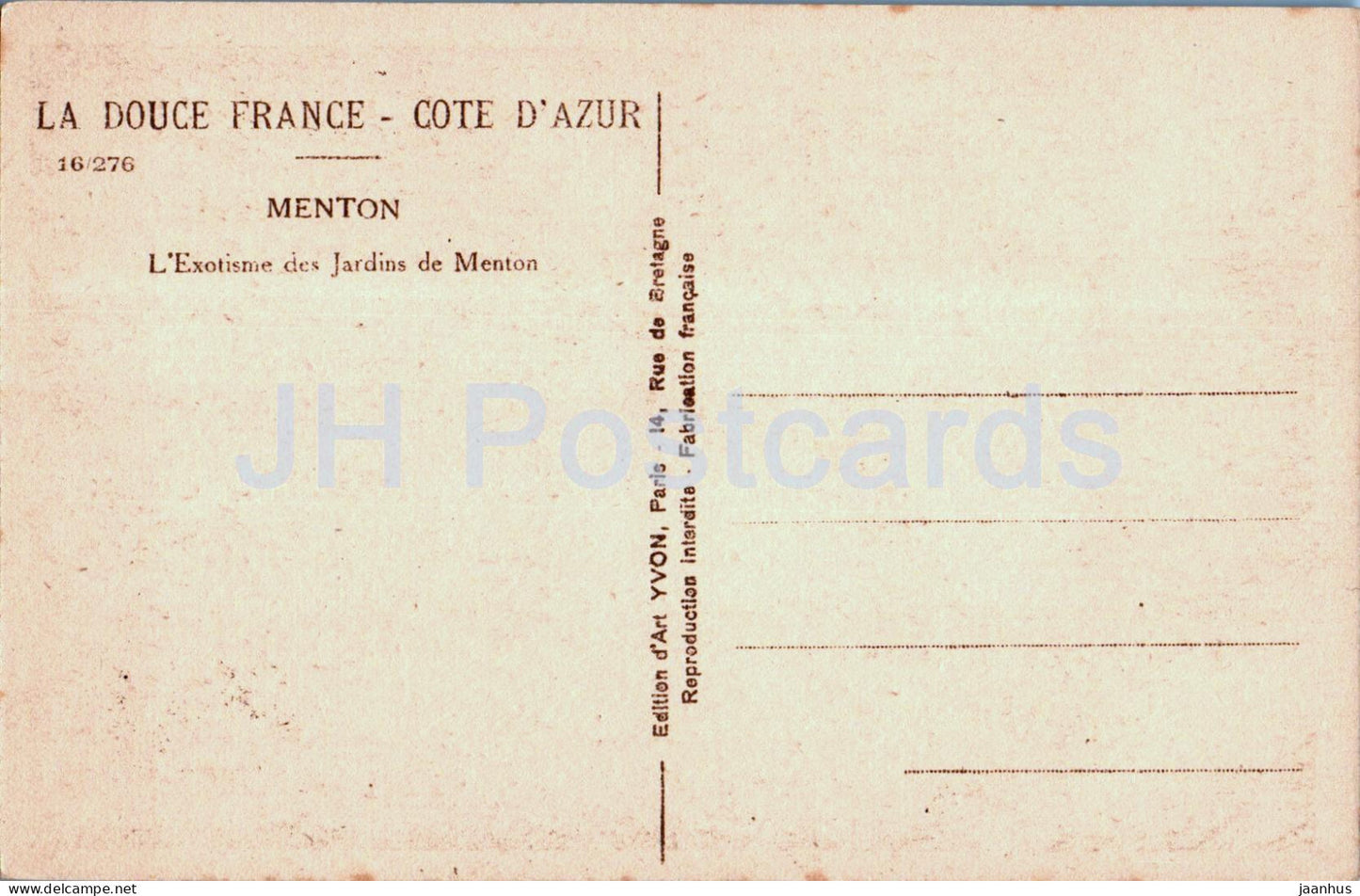 Menton - L'Exotisme des Jardins de Menton - La Douce France - Côte d'Azur - carte postale ancienne - France - inutilisée