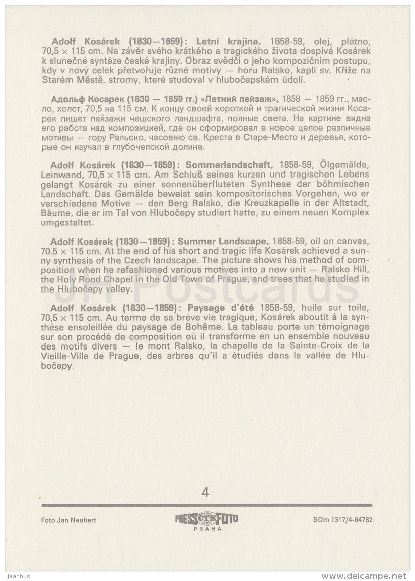 painting by Adolf Kosarek - Summer Landscape 1858-59 - Czech art - large format card - Czech - unused - JH Postcards