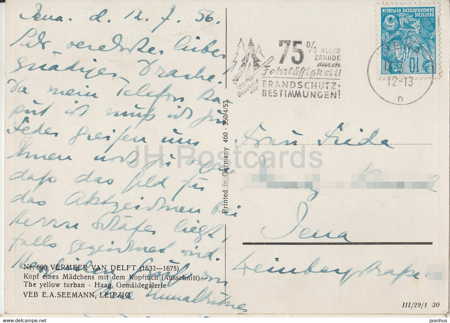 painting by Vermeer van Delft - Kopf eines Madchen mit dem Kopftuch - Yellow Turban - Dutch art - 1956 - Germany - used