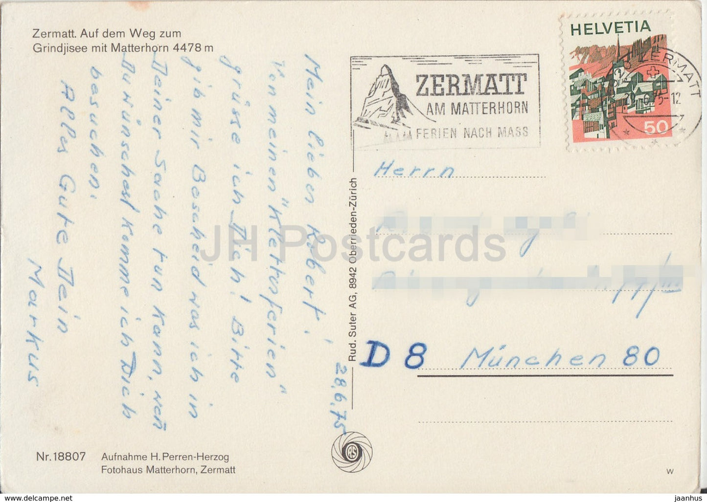 Zermatt auf dem Weg zum Grindjisee mit Matterhorn 4478 m - 1975 - Switzerland - used