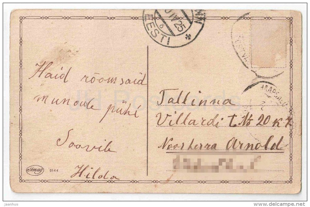 Easter Greeting Card - boy and girl - eggs - Amag 0144 - circulated in Estonia Tallinn 1925 - JH Postcards