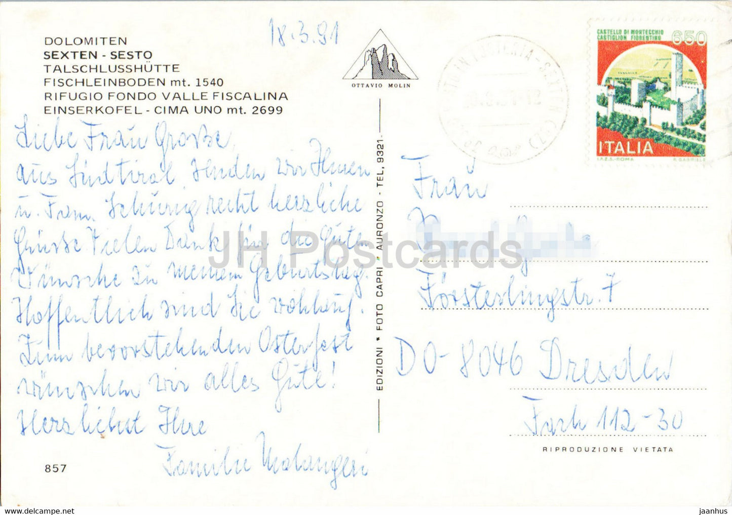 Dolomiti - Sexten - Sexten - Talschlusshütte Fischleinboden - Rifugio Fondo Valle Fiscalina - 1991 - Italien - gebraucht