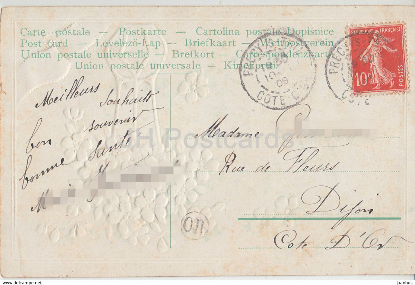 blue flowers in a vase - Ne m'oubliez pas - illustration - old postcard - France - 1909 - used