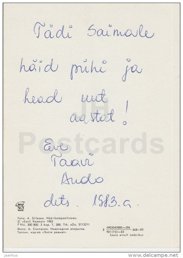 New Year Greeting card - 1 - candles - flowers - sleigh bells - 1983 - Estonia USSR - used - JH Postcards