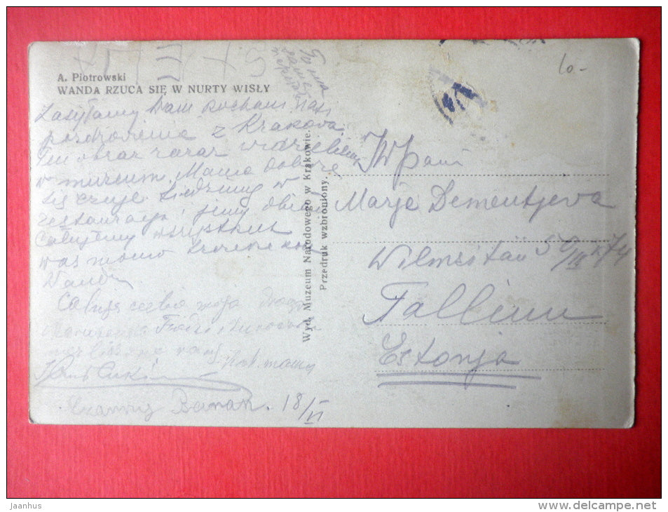 painting by A. Piotrowski . Wanda throws August in the currents of the Vistula river - Krakow Museum - sent to Estonia - JH Postcards