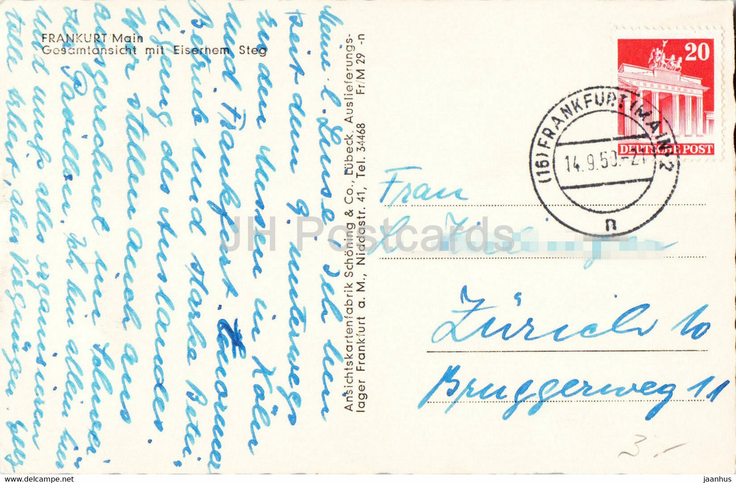 Frankfurt Main - Gesamtansicht mit Eisernem Steg - bridge - old postcard - 1950 - Germany - used