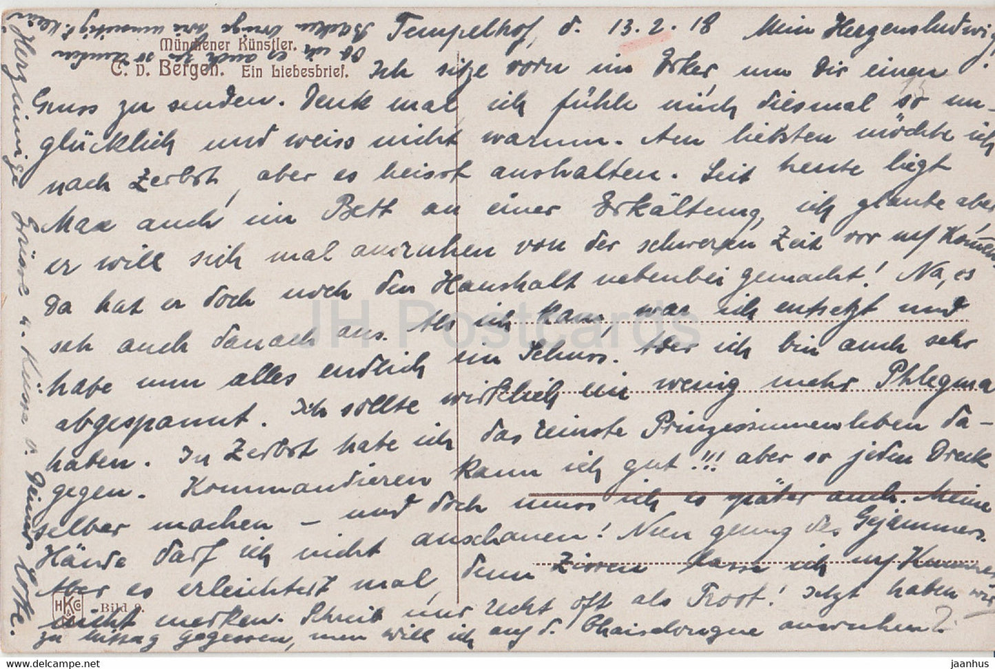 painting by T D Bergen - Ein Liebesbrief - Munchener Kunstler - German art - HKC - old postcard - 1918 - Germany - used