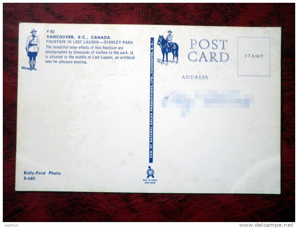 Fountain in Lost Lagoon, Stanley Park - Vancouver - British Columbia - Canada - used - JH Postcards