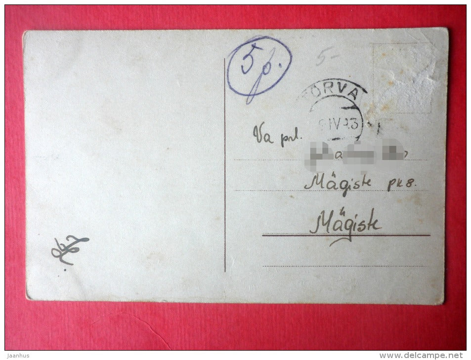 easter greeting card - egg - dog - hare - MR - circulated in Estonia Tõrva 1943 - JH Postcards