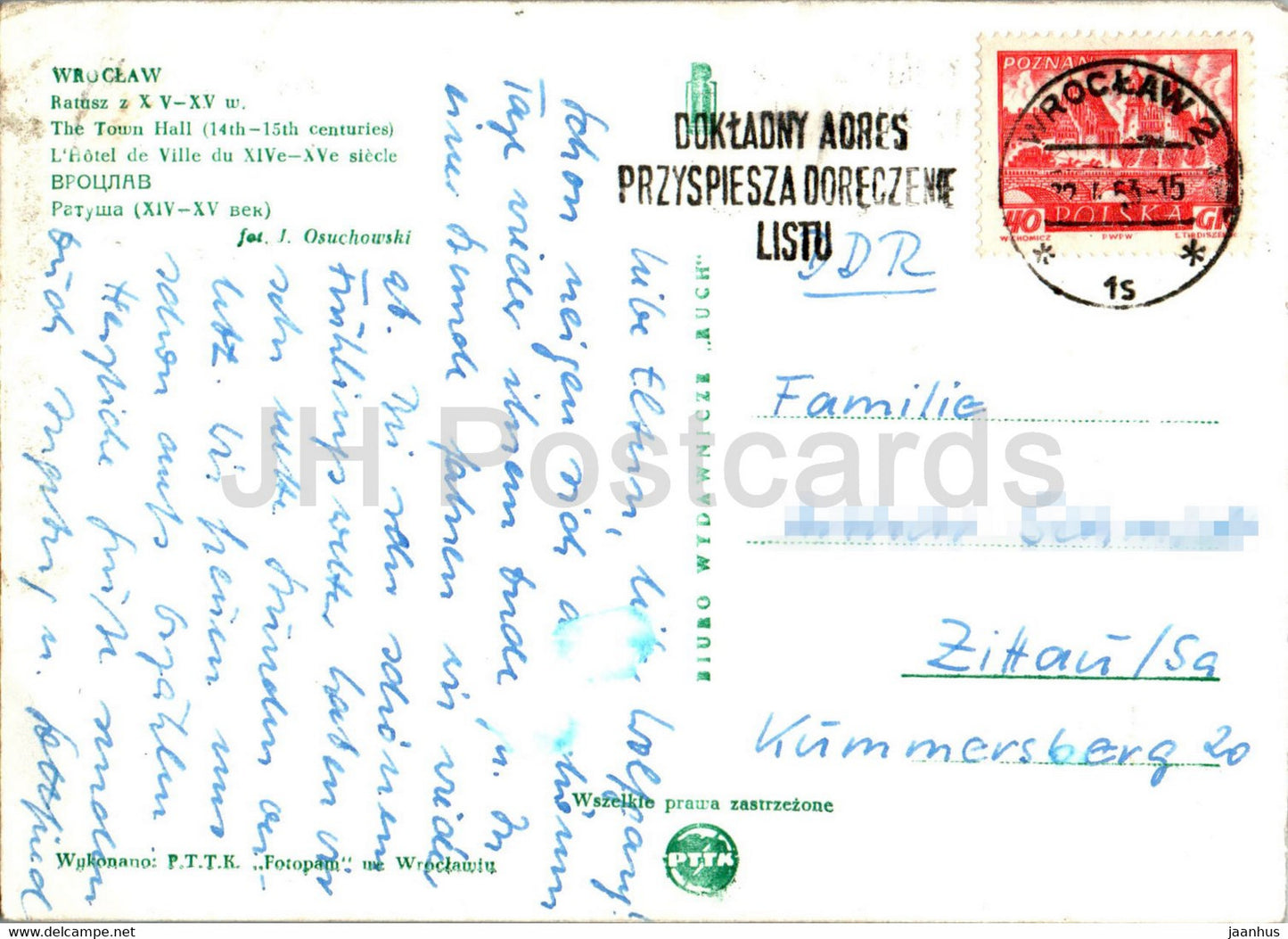 Wroclaw - Ratusz - L'Hôtel de Ville - carte postale ancienne - 1953 - Pologne - utilisé