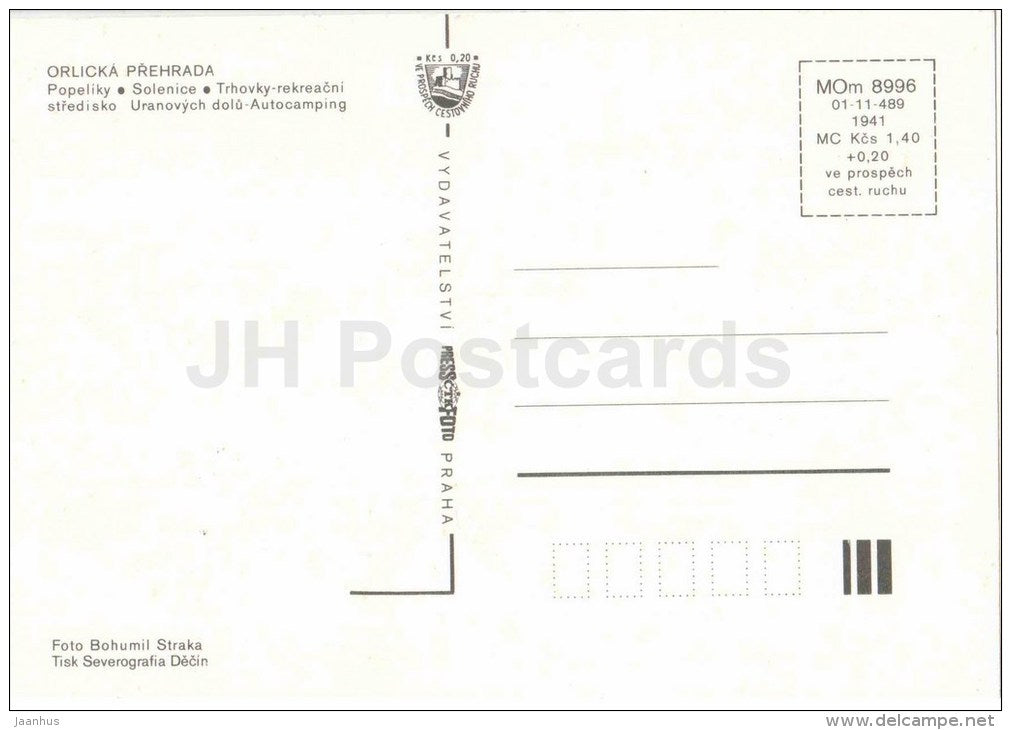 Orlicka Prehrada - dam - Popeliky - Solenice - beach - camping area - Czechoslovakia - Czech - unused - JH Postcards