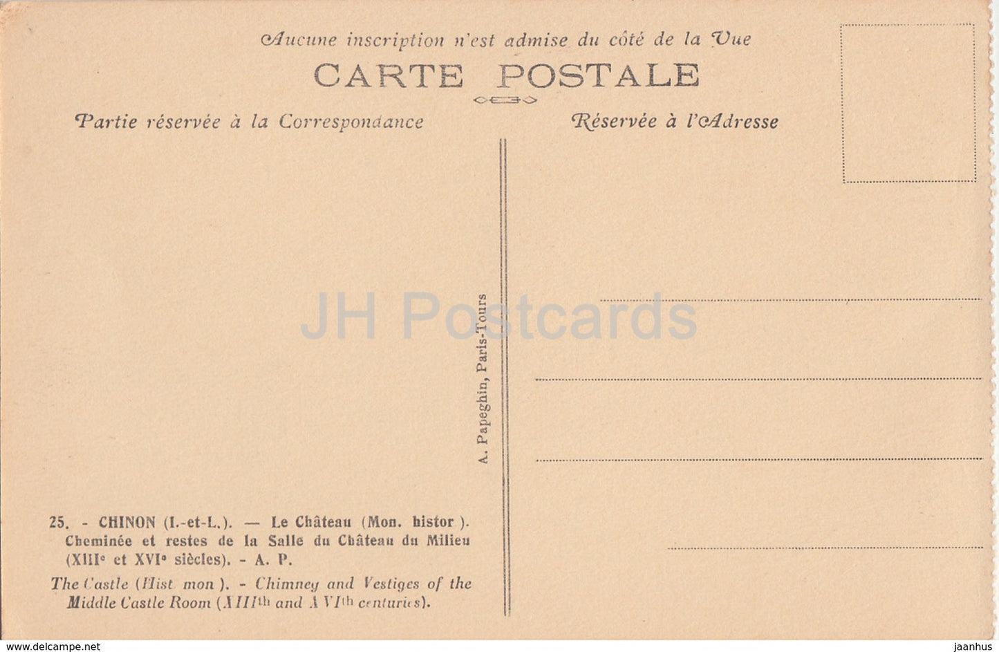 Chinon - Le Château - Cheminée et restes de la Salle du Château du Milieu - 25 - carte postale ancienne - France - inutilisée