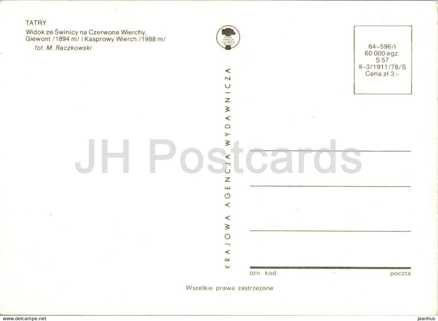 Tatry - Tatras - Widok ze Swinicy na Czerwone Wierchy - Giewont - Kasprowy Wierch - Poland - unused