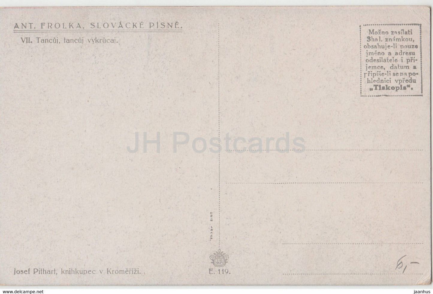 Ant Frolka - Slovacke Pisne - Slovakian song - folk costumes - folk song - old postcard - Slovakia - unused